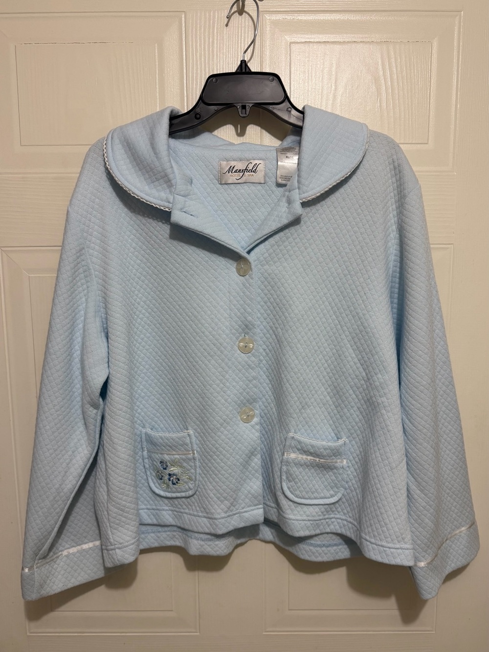 Light Blue Quilted Button Front Jacket with Embroidered Pocket